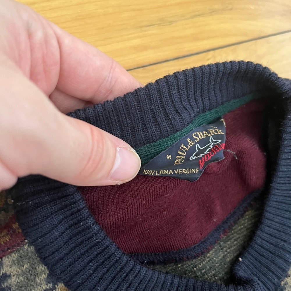 Paul & Shark Yachting Mens Vintage Wool Geometric Knit Sweater Navy Burgundy L - Picture 4 of 7